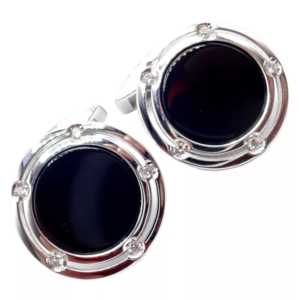 Authentic! Damiani Brad Pitt 18k White Gold Diamond Black Onyx Cufflinks